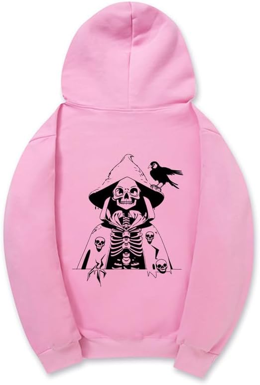 CORIRESHA Sudadera con capucha con estampado de calavera para mujer, manga larga, con cordón, informal, suave, unisex, para Halloween