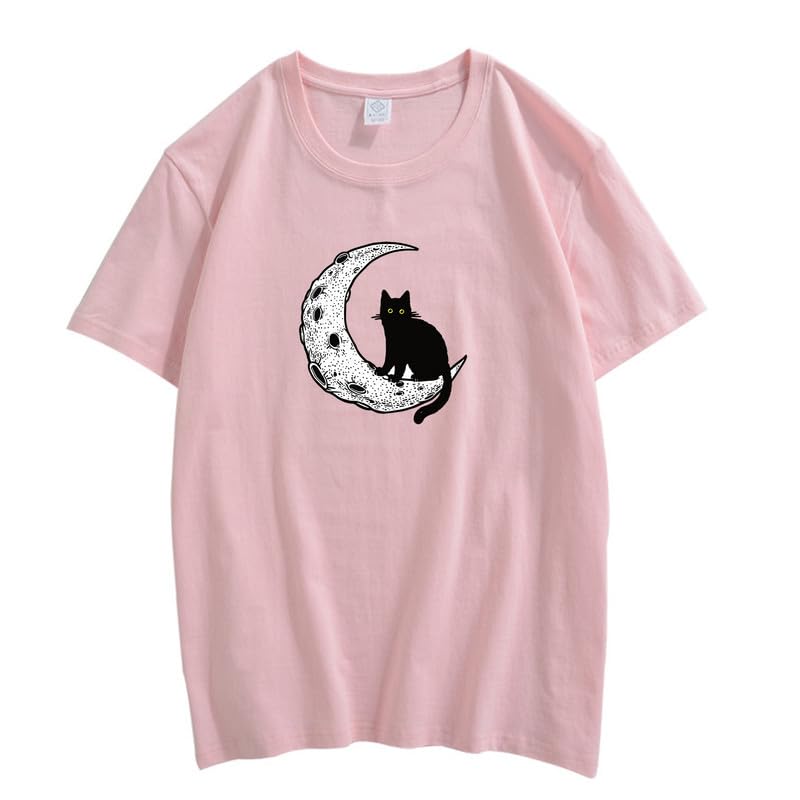CORIRESHA Camiseta unisex de manga corta con cuello redondo y diseño de gato lunar, informal, de algodón suave