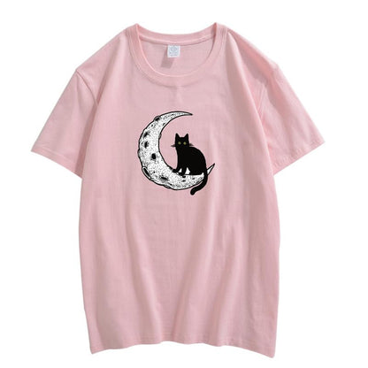 CORIRESHA Camiseta unisex de manga corta con cuello redondo y diseño de gato lunar, informal, de algodón suave