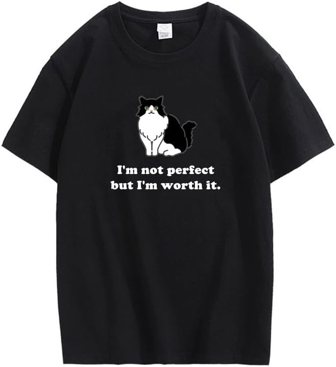 CORIRESHA Camiseta personalizada de algodón suelta casual de manga corta con cuello redondo de gato lindo para mujer