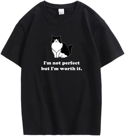 CORIRESHA Camiseta personalizada de algodón suelta casual de manga corta con cuello redondo de gato lindo para mujer