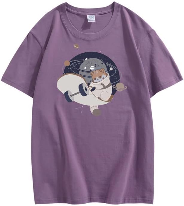 CORIRESHA Teen Cute Cat Skateboard Round Neck Short Sleeve Loose Space T-Shirt