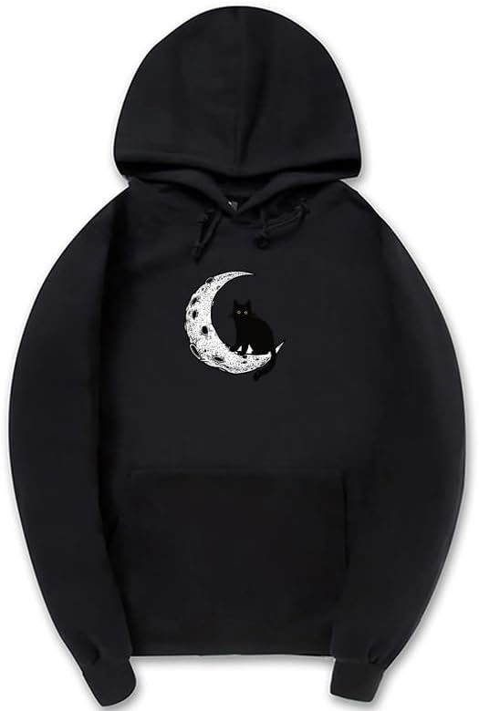 CORIRESHA Sudadera con capucha unisex Moon Cat Casual de manga larga suave y linda sudadera con bolsillo