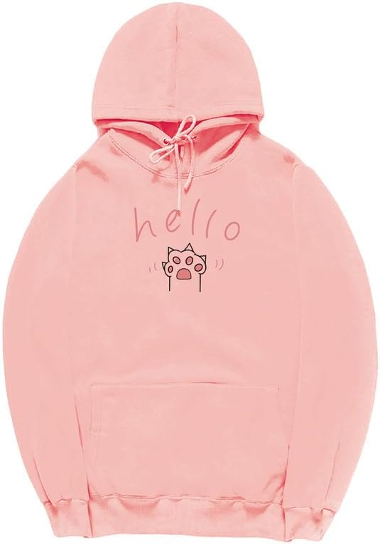 CORIRESHA Cat Paw Graphic Hoodie Drawstring Pocket Kawaii Cute Letter Sweatshirt