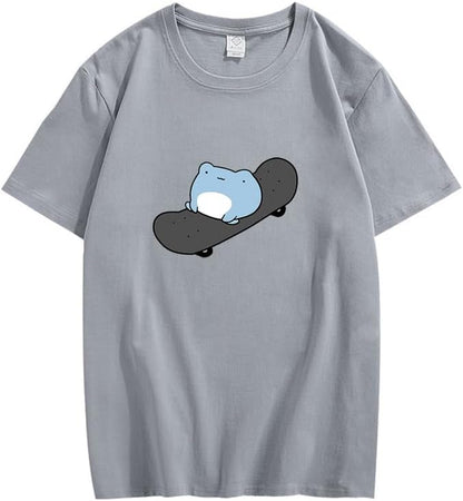 CORIRESHA Teen Cute Frog Print Simple Crewneck Short Sleeve Cotton Skateboard T-Shirt