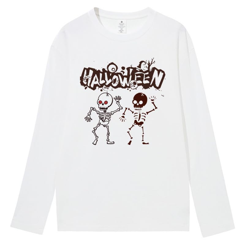 CORIRESHA Teen Halloween Skeleton Crewneck Long Sleeve Y2K Aesthetic Gothic T-Shirt