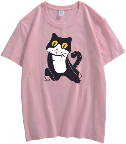 CORIRESHA Women's Cute Cat T-Shirt Casual Crew Neck Short Sleeve Summer Basic Cotton Tops