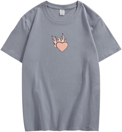 CORIRESHA Adolescente Lindo Corazón Llama Cuello Redondo Manga Corta Casual Algodón San Valentín Camiseta