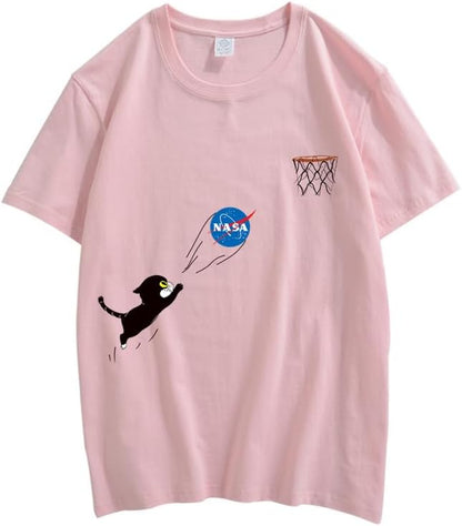 CORIRESHA Teen Cute Cat Crewneck Short Sleeve Summer Casual Basic NASA T-Shirt