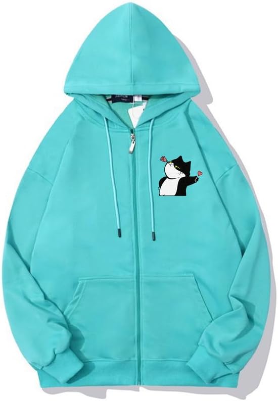 CORIRESHA Women's Cute Cat Heart Zipper Hoodie Drawstring Long Sleeve Sweatshirt Jacket