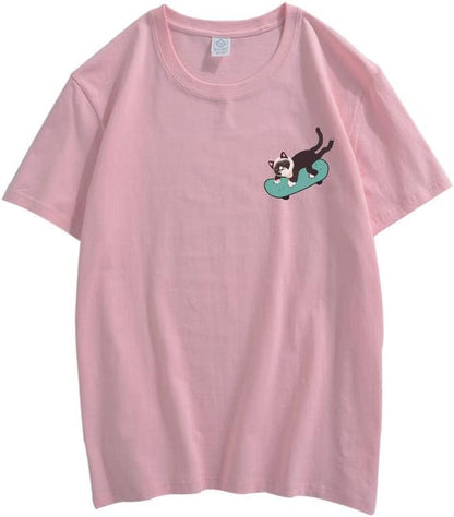 CORIRESHA Teen Kawaii Ropa Skateboard Cat Casual Cuello Redondo Camiseta de Algodón Suave