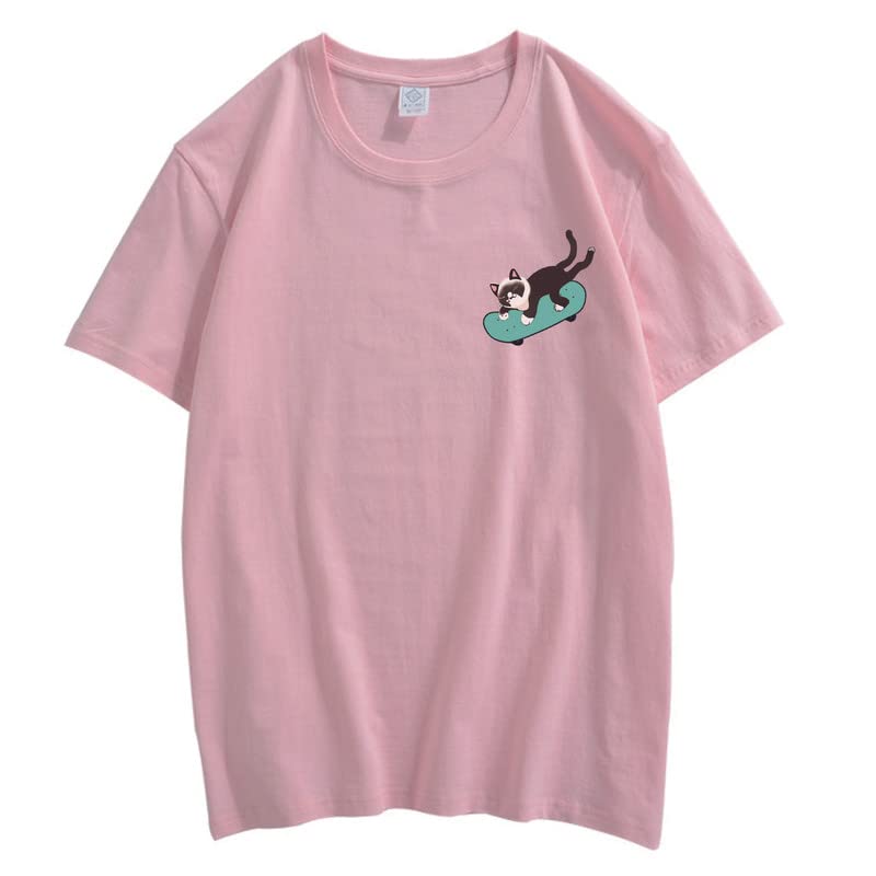 CORIRESHA Teen Kawaii Ropa Skateboard Cat Casual Cuello Redondo Camiseta de Algodón Suave