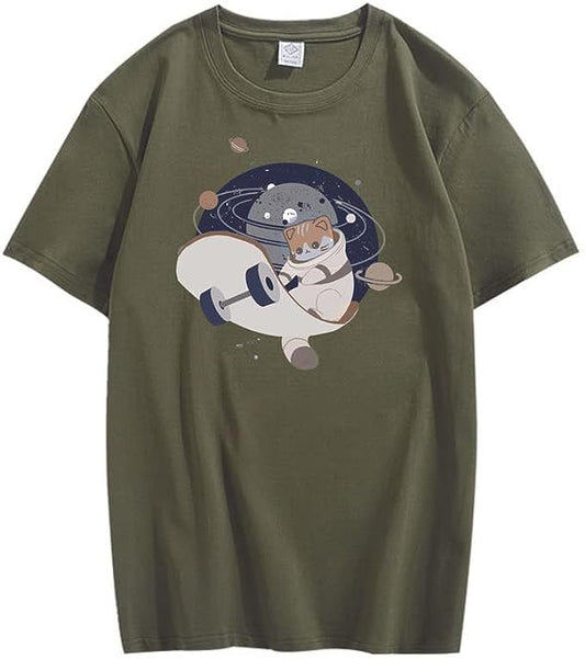 CORIRESHA Camiseta holgada de manga corta con cuello redondo y monopatín de gato lindo para adolescente