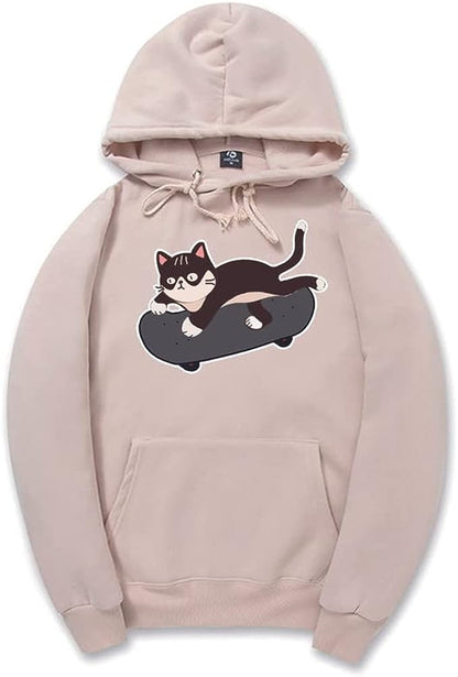 CORIRESHA Amantes de los gatos Sudadera con capucha linda Monopatín Casual Cordón Manga larga Sudadera unisex