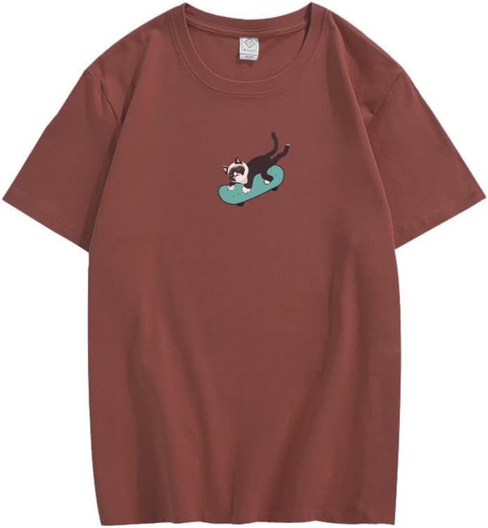 CORIRESHA Hombres Mujeres Monopatín Gato Cuello Redondo Manga Corta Suelta Tallas Grandes Camisetas