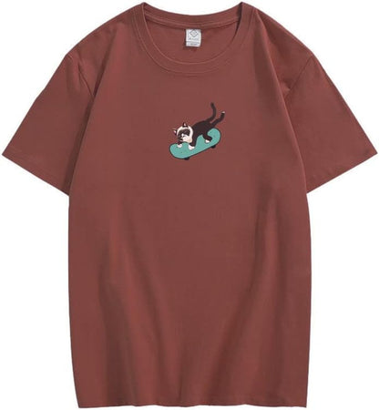 CORIRESHA Hombres Mujeres Monopatín Gato Cuello Redondo Manga Corta Suelta Tallas Grandes Camisetas