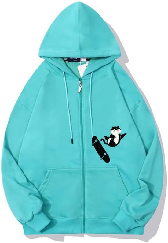 CORIRESHA Teens Cat Lovers Zip Hoodie Casual Drawstring Cute Skateboard Sweatshirt