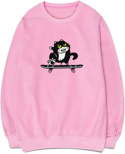 CORIRESHA Cute Cat Skateboard Crew Neck Long Sleeve Cotton Basic Pullover Sweatshirt