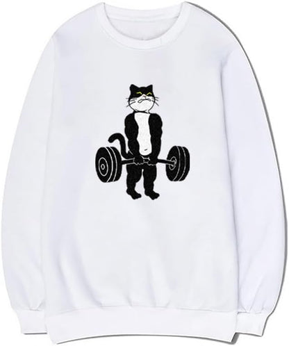 CORIRESHA Unisex Weightlifting Cat Sweatshirt Crewneck Long Sleeve Casual Fall Pullover