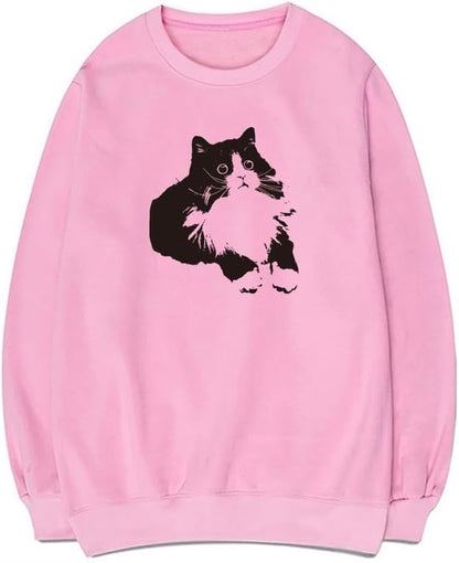 CORIRESHA Cute Cat Crew Neck Long Sleeves Soft Cozy Cotton Pullover Sweatshirt