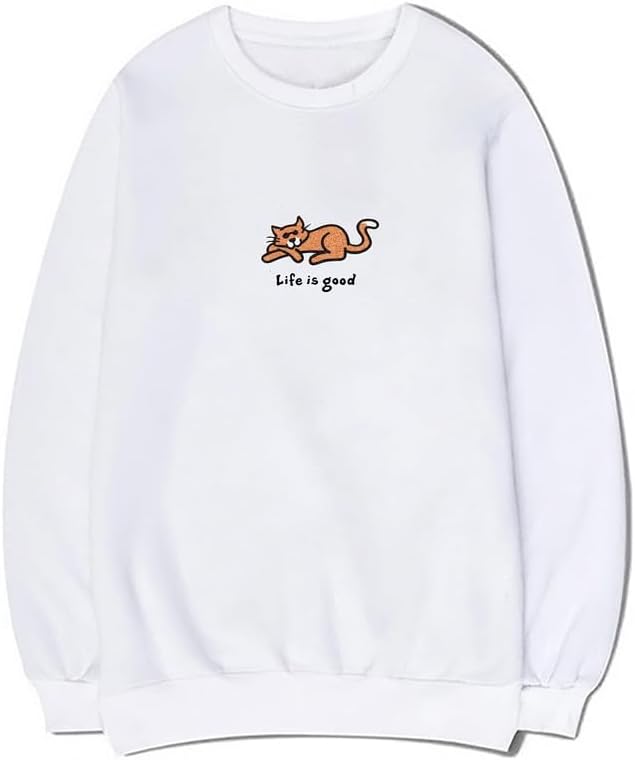 CORIRESHA Women's Cute Cat Crew Neck Long Sleeve Casual Cotton Letters Sweatshirt