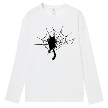 CORIRESHA Halloween Spider Web Crew Neck Long Sleeve Casual Cat Lover T-Shirt