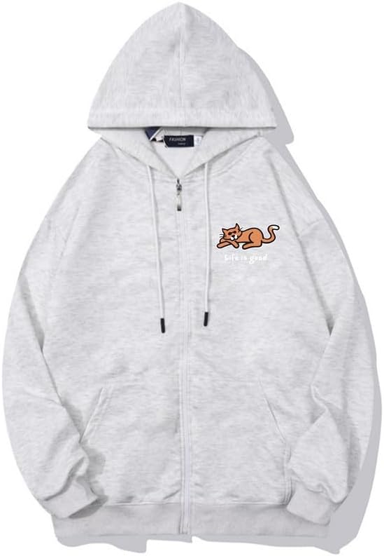 CORIRESHA Women's Cute Cat Long Sleeve Drawstring Casual Letter Zip Hoodie Sweatshirt