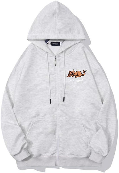 CORIRESHA Women's Cute Cat Long Sleeve Drawstring Casual Letter Zip Hoodie Sweatshirt