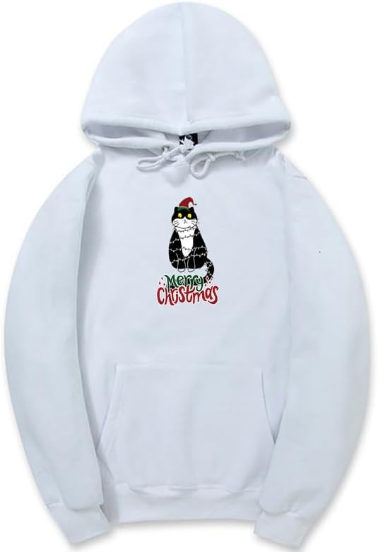 CORIRESHA Women's Unisex Cute Christmas Cat Hoodie Long Sleeve Drawstring Pocket Funny Sweatshirt