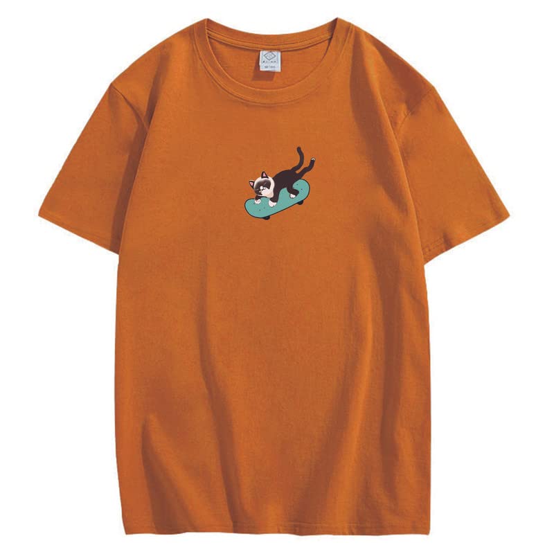 CORIRESHA Hombres Mujeres Monopatín Gato Cuello Redondo Manga Corta Suelta Tallas Grandes Camisetas