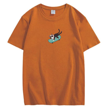 CORIRESHA Hombres Mujeres Monopatín Gato Cuello Redondo Manga Corta Suelta Tallas Grandes Camisetas