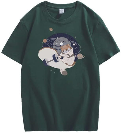 CORIRESHA Teen Cute Cat Skateboard Round Neck Short Sleeve Loose Space T-Shirt