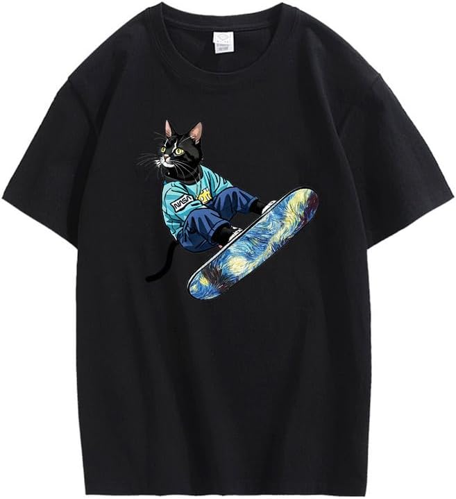 CORIRESHA Camiseta de algodón suelta de manga corta con cuello redondo y diseño de gato lindo para mujer