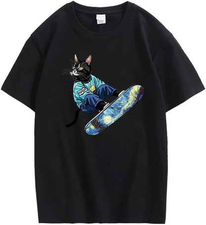 CORIRESHA Camiseta de algodón suelta de manga corta con cuello redondo y diseño de gato lindo para mujer