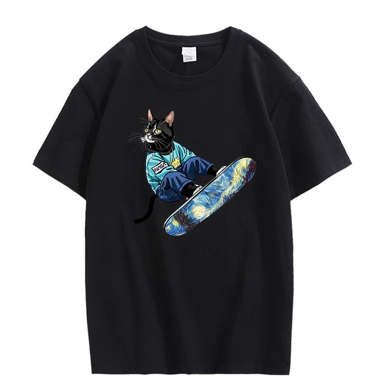 CORIRESHA Camiseta de algodón suelta de manga corta con cuello redondo y diseño de gato lindo para mujer