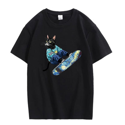 CORIRESHA Camiseta de algodón suelta de manga corta con cuello redondo y diseño de gato lindo para mujer