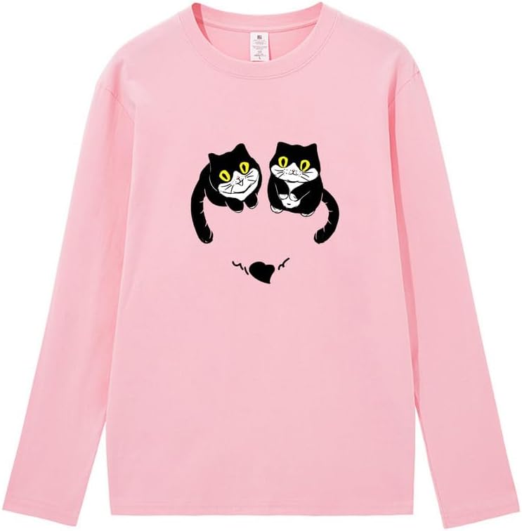 CORIRESHA Women's Teen Cute Cat Crew Neck Long Sleeve Casual Fall Heart T-Shirt