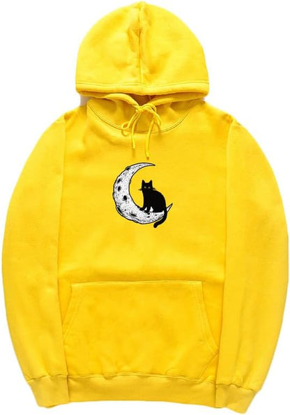 CORIRESHA Sudadera con capucha unisex Moon Cat Casual de manga larga suave y linda sudadera con bolsillo