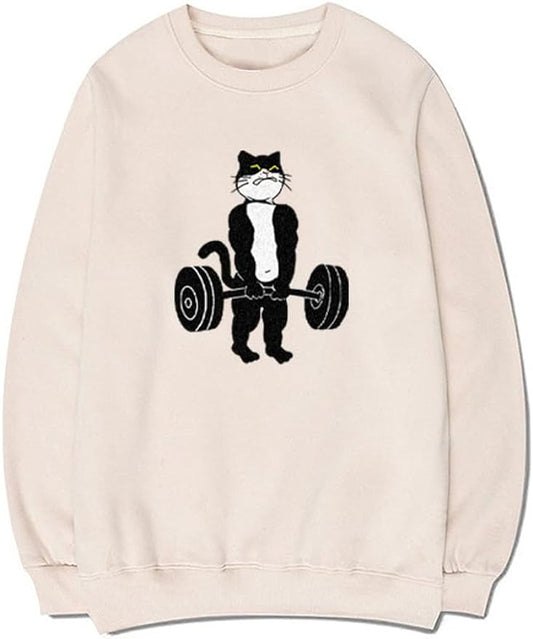 CORIRESHA Unisex Weightlifting Cat Sweatshirt Crewneck Long Sleeve Casual Fall Pullover