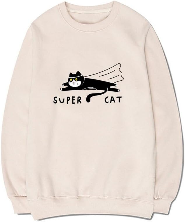 CORIRESHA Teen Funny Running Cat Crew Neck Long Sleeve Soft Cotton Cute Sweatshirt