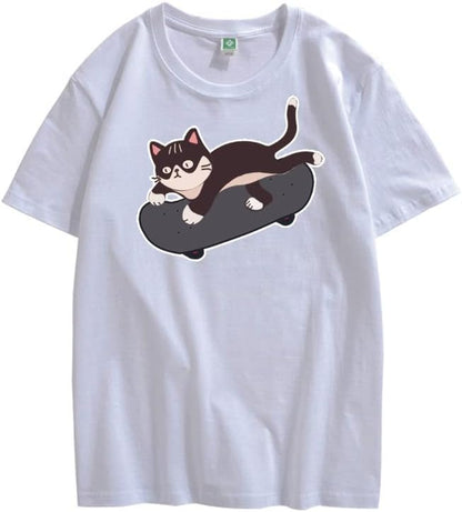 CORIRESHA Cute Skateboard Cat Graphic Crewneck Short Sleeve Cozy Teen T-Shirt