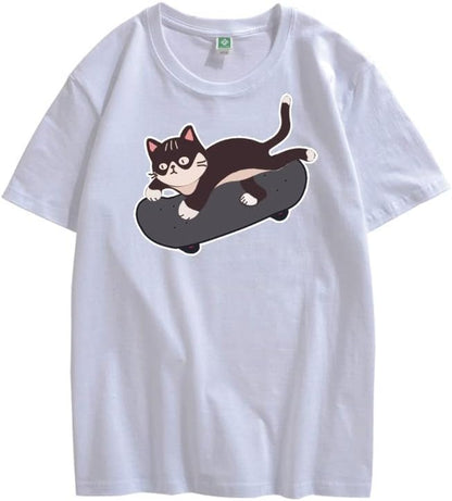 CORIRESHA Lindo monopatín gato gráfico cuello redondo manga corta acogedora camiseta adolescente