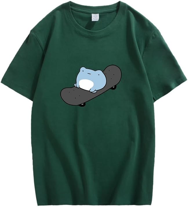 CORIRESHA Teen Cute Frog Print Simple Crewneck Short Sleeve Cotton Skateboard T-Shirt