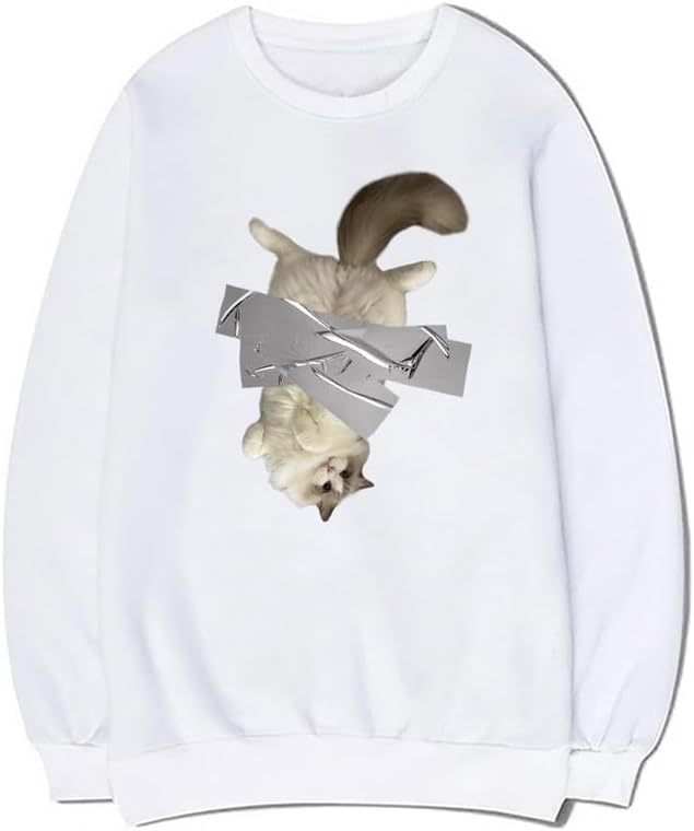 CORIRESHA Cute Handstand Cat Sweatshirt Crewneck Long Sleeve Casual Simple Pullover