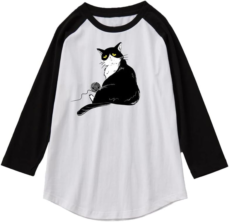 CORIRESHA Men's Cute Cat T-Shirt Raglan Sleeves Round Neck Curved Hem Casual Tops