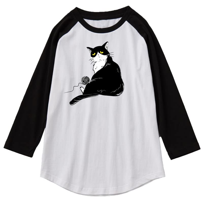 CORIRESHA Camiseta de gato lindo para hombre, mangas raglán, cuello redondo, dobladillo curvado, tops casuales