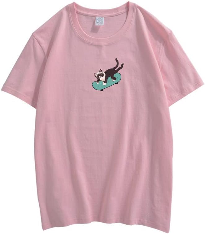 CORIRESHA Hombres Mujeres Monopatín Gato Cuello Redondo Manga Corta Suelta Tallas Grandes Camisetas