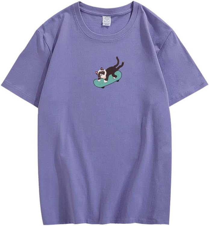 CORIRESHA Hombres Mujeres Monopatín Gato Cuello Redondo Manga Corta Suelta Tallas Grandes Camisetas