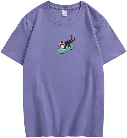 CORIRESHA Hombres Mujeres Monopatín Gato Cuello Redondo Manga Corta Suelta Tallas Grandes Camisetas