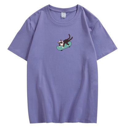 CORIRESHA Hombres Mujeres Monopatín Gato Cuello Redondo Manga Corta Suelta Tallas Grandes Camisetas